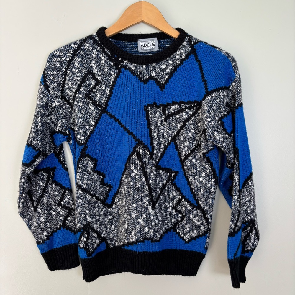 VTG 80s 90s Adele Knitwear Geometric Sweater-Women's Size Small-Blue-Grandma